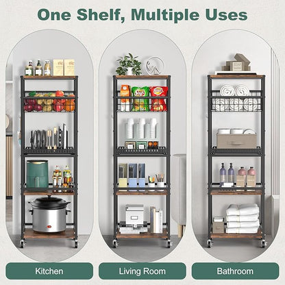 Housolution 5 Tier Kitchen Rolling Cart, Storage Cart with Metal Fruit Vegetable Basket and Pull-Out Pot Lid Cutting Board Organizer, Storage Rack with Wooden Top for Kitchen, Pantry, Bathroom