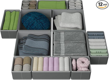 Drawer Organizer – 12 Pack Foldable Gray Fabric Storage Bins for Baby Clothes, Closet, Dresser, Nursery, Underwear, Diapers, Socks | Soft Drawer Dividers for Bedroom & Home Storage