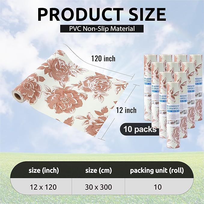 FIFTY FEET 12X120 Inch Shelf Liner for Kitchen Cabinets, PVC Drawer Liner for Dresser Non-Slip Bathroom, Non-Adhesive Cabinet Liner Washable (Red Flower)(10 Roll)