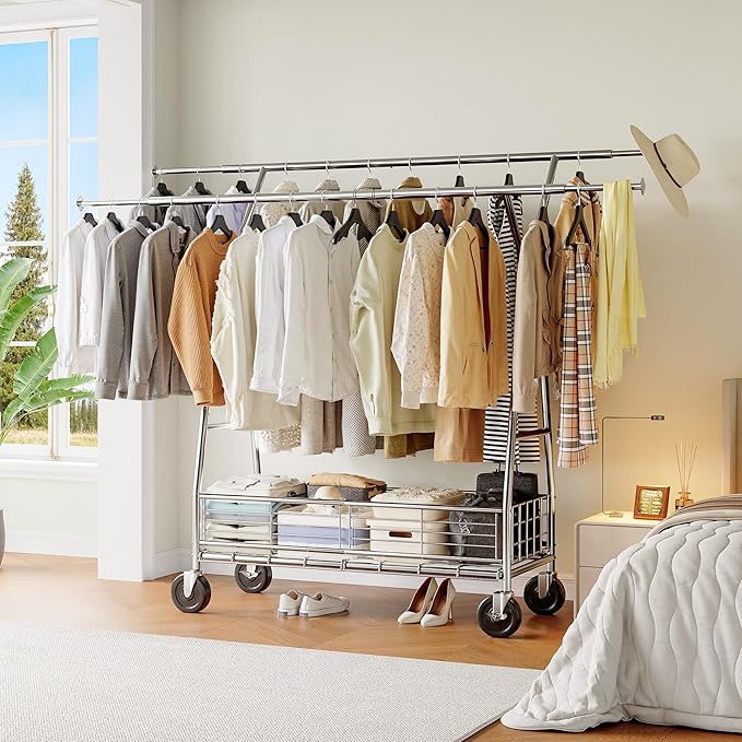 Raybee Heavy Duty Clothes Rack 630LBS, Double Rods Clothing Rack with Storage Basket, Portable Garment Rack for Heavy Clothes, Extendable & Adjustable, Bedroom, Closet, Commercial