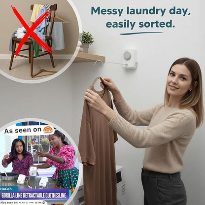 GorillaLine Max – Retractable Clothesline Indoor Outdoor, Non-Sagging Heavy Duty Clothes Drying Line, Wall Mounted Drying Rack, Air Dry Clothing, Max Tighten with GorillaGrip