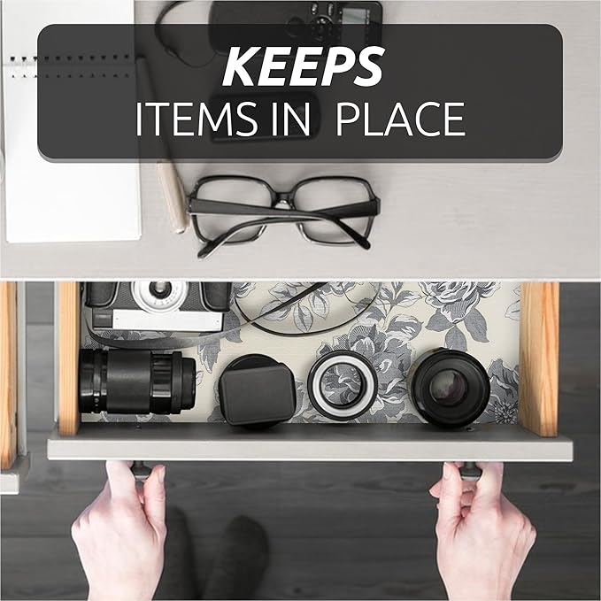 12X120 Inch Shelf Liner for Kitchen Cabinets, PVC Drawer Liner for Dresser Non-Slip Bathroom, Non-Adhesive Cabinet Liner Washable (Black Flower)(4 Roll)