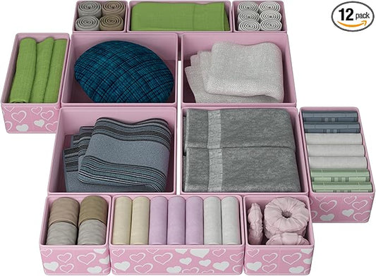 12 Pack Foldable Pink Drawer Organizers – Fabric Baby Clothes Organizer for Nursery Dresser & Closet | Pink Storage Bins, Drawer Dividers for Baby Clothes, Diapers, Socks & Toys