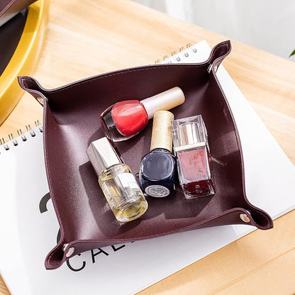 SANQIANWAN Leather Jewelry Valet Tray for Women and Man, Portable Entryway Table Tray Bedside Nightstand Desk Tray Small Catchall Travel Dish Plate for Key,Wallet,Watch,Coin(8x8, Deep Brown-B)