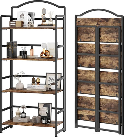 JSB No Assembly Folding Bookshelf, 4 Tier Book Shelf for Storage, Vintage Wood Foldable Bookcase for Living Room, Bedroom, Office Organization Shelves