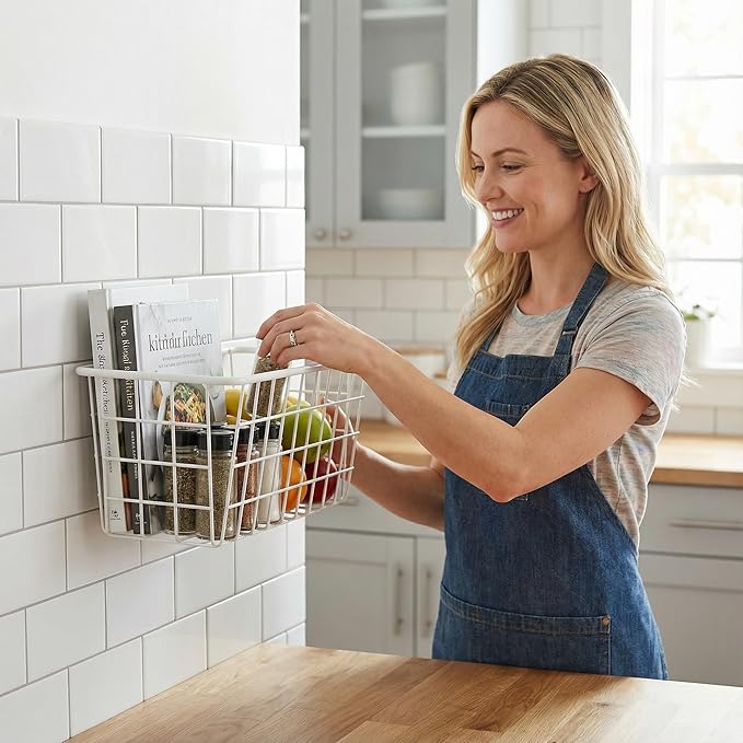Hanging Kitchen Baskets Adhesive Sturdy Wire Storage Baskets with Kitchen Food Pantry Bathroom Shelf Storage No Drilling Wall Mounted,White,4 Pack