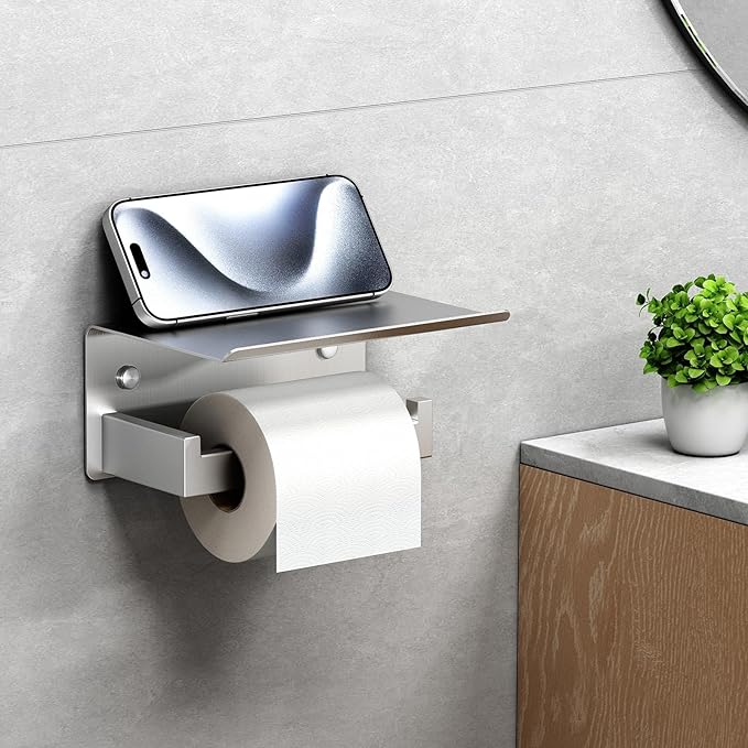 Toilet Paper Holder with Phone Shelf, Suyar 304 Stainless Steel Wall Mounted Toilet Tissue Roll Holder, Brushed Nickel