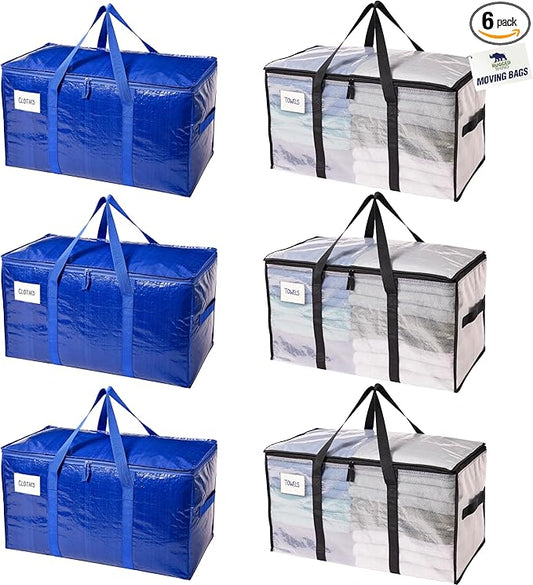 RUGGED RHINO 6 Pack Heavy Duty Extra Large Moving Bags, Durable Bag Strong Handles and Zipper, Moving Boxes Alternative for College Packing, Holiday Décor, Space Saving Storage with Label, Blue/Clear