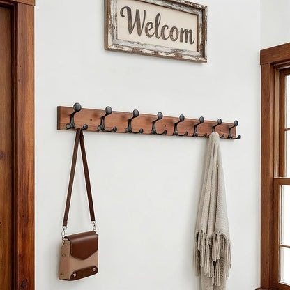 SKOLOO 43-Inch Wood Coat Rack Wall Mount with 8 Triple Hooks - Ideal for Family Entrances, Classrooms, and Pet Supplies Storage - Perfect Coat Hooks for Wall,Charred Golden Brown, Pack of 2