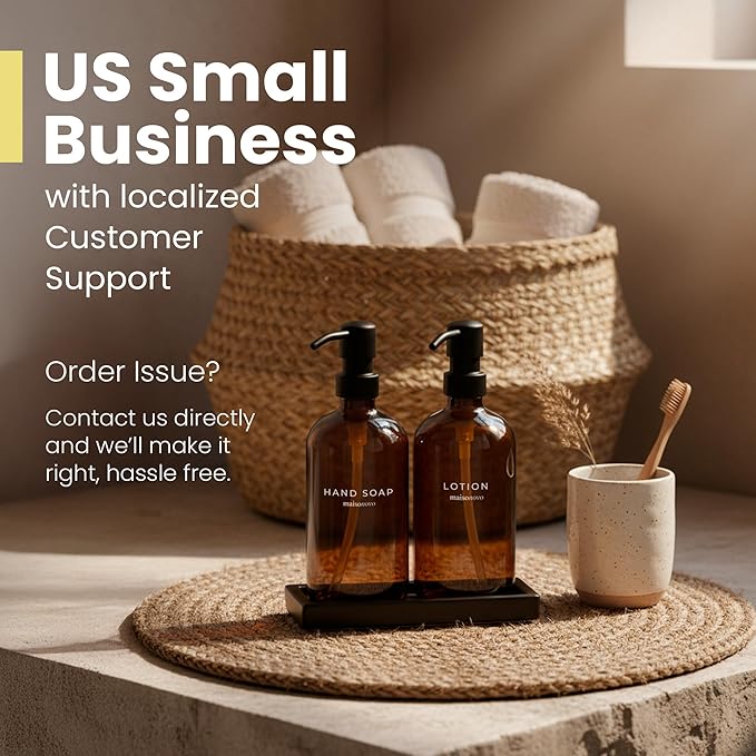 Maisonovo Kitchen Soap Dispenser Set | Hand and Dish Soap Dispenser Set with Handmade Ceramic Vanity Tray and 16 Waterproof Labels | Amber Glass Bottles & Black Pumps