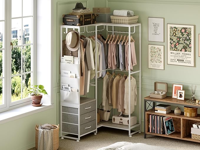 Garment Rack Heavy Duty Clothes Rack for Hanging Clothes, Freestanding Clothing Rack with 3 Fabric Drawers, Adjustable Closet Racks, Corner L Shaped Closet System Organizers, Gray & Light Wood Grain