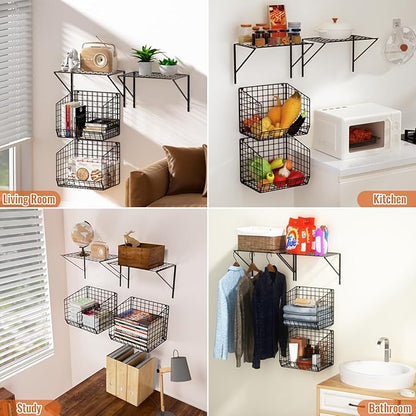 2 Pack Laundry Room Shelves with Wire Baskets, Over the Washer and Dryer Shelf, Wall Mounted Storage and Clothes Drying Rack, Wire Shelves Baskets for Laundry Closet Organization and Storage-Black