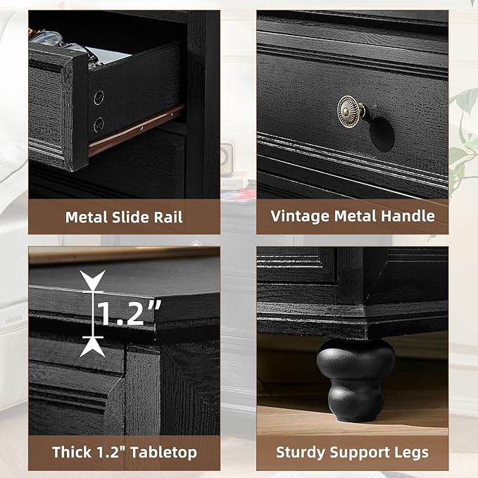 Joaxswe Farmhouse Nightstand Set of 2 with Charging Station, 24" Wide End Table with 3 Drawers,Dresser for Bedroom,Bed Side Table Chest of Drawers Cabinet,Wood Black Night Stand for Living Room