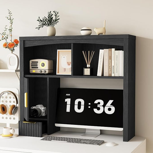 Desktop Shelf, Wooden Desk Hutch with Storage, Desktop Bookshelf with Cabinet and Drawer, Office Desk Organizer, Space-Saving Organization, Over Desk Storage Shelves for Home, Dorm, Black