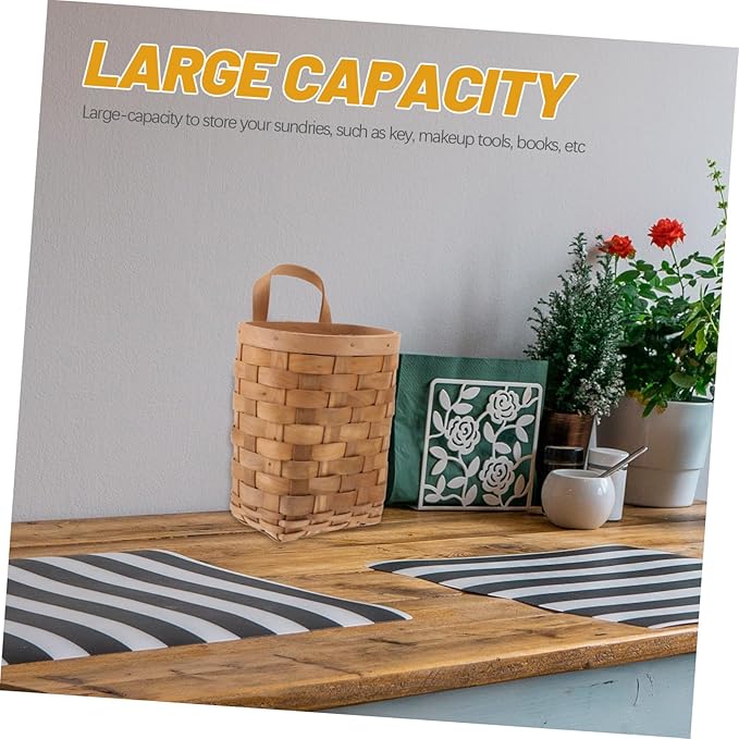 Woven Storage Baskets Natural Wood Hanging Organizer Wall Mounted Compact Kitchen Storage Basket for Utensils Cosmetics and Decor Load Bearing Carbonized Color