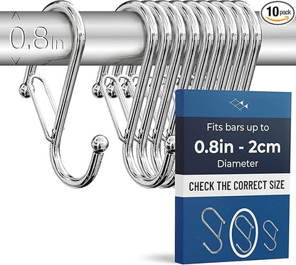 Blau Marité 10-Pack Metal S Hooks for Hanging – Heavy-Duty S-Shaped Hook with Safety Buckle – Fits Bars up to 0.8 In – Anti-Drop S-Hooks for Kitchen, Bathroom, Closet & Pot Racks – Silver (Medium)