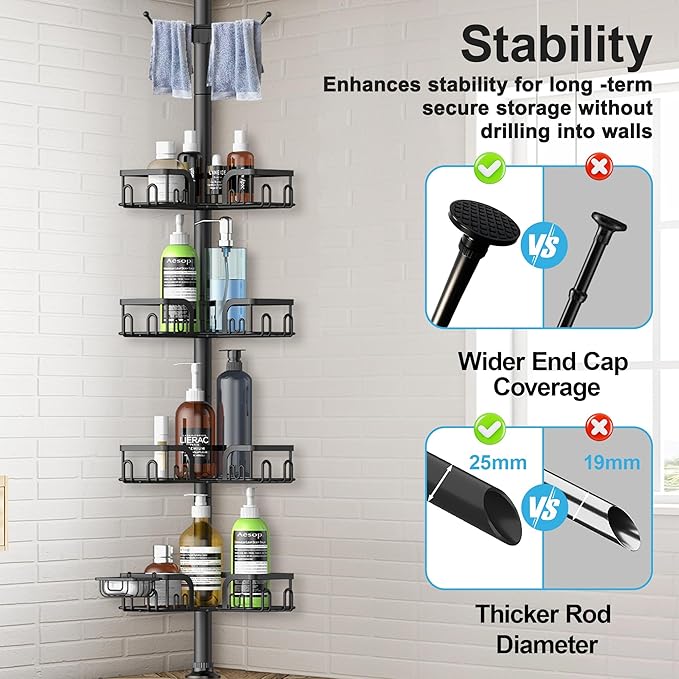 Clothink Corner Shower Caddy Tension Pole 4 Tier Adjustable Stainless Steel Shower Shelf for Inside Shower Bathtub Shampoo,Standing Bathroom Organizer Shelves with 39 to 113 inch Height