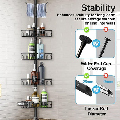 Clothink Corner Shower Caddy Tension Pole 4 Tier Adjustable Stainless Steel Shower Shelf for Inside Shower Bathtub Shampoo,Standing Bathroom Organizer Shelves with 39 to 113 inch Height