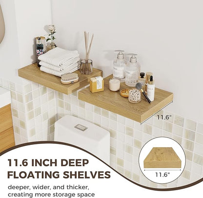 Fun Memories 12 Inch Deep Floating Shelves, 16 x 12 Wooden Wall Shelves, Extra Deeper & Thicker Rustic Wall Mounted Storage Shelf for Fireplace, Living Room, Kitchen, Farmhouse, Oak - 3Pack