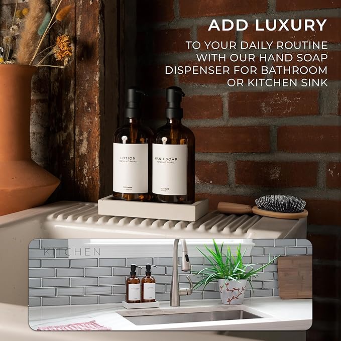 MaisoNovo Soap Dispenser 3-Piece Set | 16.9oz Amber Bottles Black Plastic Pumps with Ceramic Tray