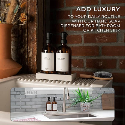 MaisoNovo Soap Dispenser 3-Piece Set | 16.9oz Amber Bottles Black Plastic Pumps with Ceramic Tray