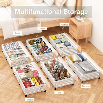 Wisuce Home Under Bed Storage Containers With Wheels - 2 Pcs Large Bamboo Wood Rolling Underbed Shoe Storage Bins With Dust Bags for Clothes Blankets, Duvet Covers Snacks Toys (White)