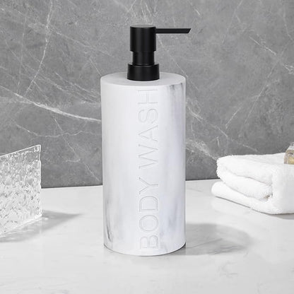 Indecor Home Resin White Marbled Body Wash Engraved Bottle Refillable Pump Dispenser, Durable Waterproof Construction for Bath, Shower - Resin White Marble - Matte Black Pump