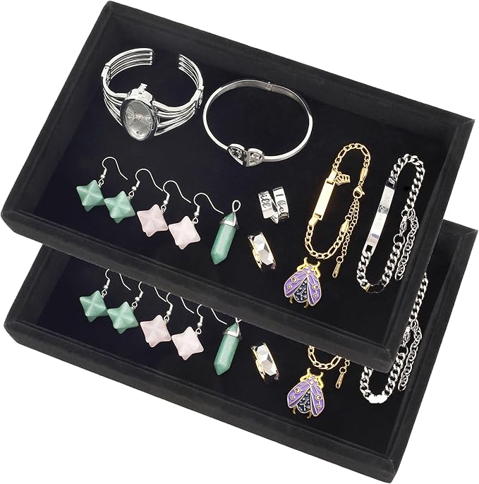 Mornajina 2 Pcs 9" x 5.7" Velvet Jewelry Tray Jewelry Display Tray, Stackable Empty Plate Trays for Earrings Necklaces Bracelet Rings Display Showcase - Black