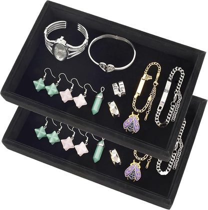Mornajina 2 Pcs 9" x 5.7" Velvet Jewelry Tray Jewelry Display Tray, Stackable Empty Plate Trays for Earrings Necklaces Bracelet Rings Display Showcase - Black