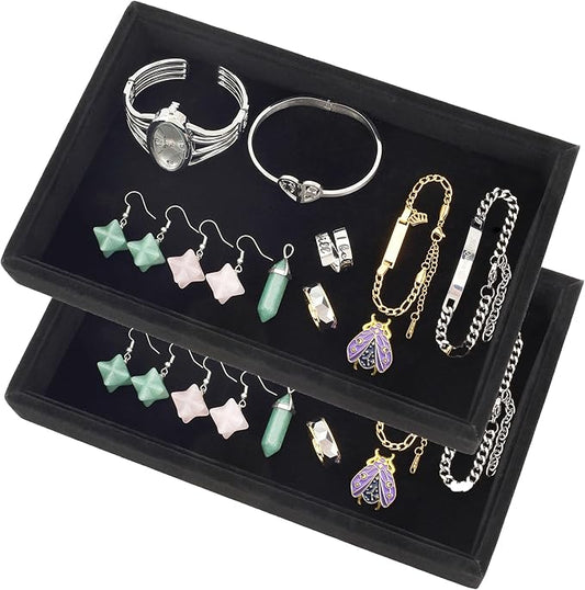 Mornajina 2 Pcs 9" x 5.7" Velvet Jewelry Tray Jewelry Display Tray, Stackable Empty Plate Trays for Earrings Necklaces Bracelet Rings Display Showcase - Black