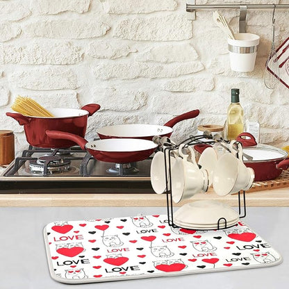 ZzWwR Cute Cats With Hearts Love Valentine's Day Absorbent Dish Drying Mat Microfiber Kitchen Countertop Table Protector Multi-Purpose Counter Rack Sink Drainer Pad (16 x 18 Inches)