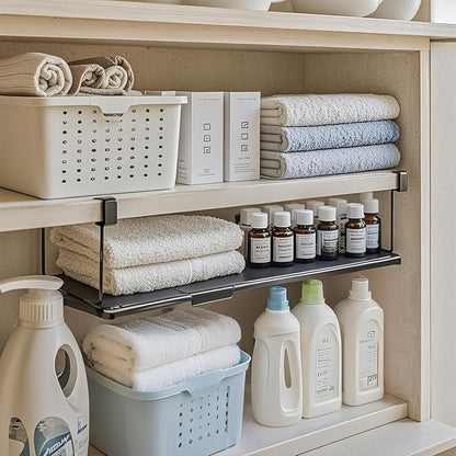Expandable Hanging Under Shelf Storage Basket,Under Shelf Storage Basket Organizer,Under-Shelf Hanging Baskets for Cabinet,Pantry, Desk Organization,8.27" D x 15.16"-27.76W x 7.68" H,Black
