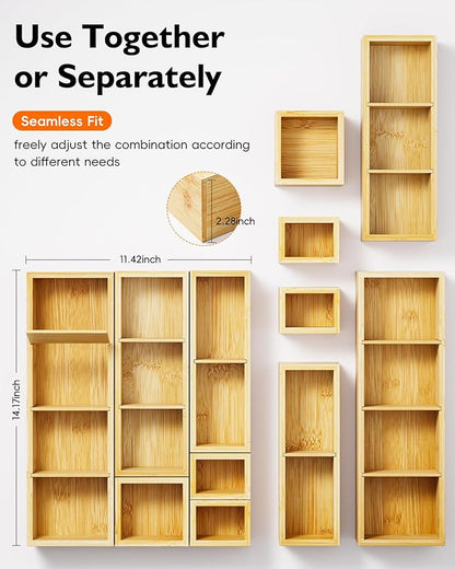 6PCS Desk Drawer Organizer Tray with 12 Compartments – Bamboo Office Storage Boxes Set for Junk Drawer Supplies, Utensils, Cosmetics, Jewelry and More