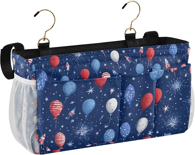 CuwrYet Bedside Caddy Hanging Bunk Bed Caddy Bed Organizer Hanging Pocket with 2 Hooks Bedside Storage Organizer Pocket Bag Holder Navy Blue Patriotic Balloons Fireworks
