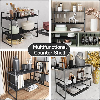 jkxoo 2Pack Expandable Cabinet Countertop Shelves 16.5-27’’L, Adjustable Metal Spice Rack Organizer, Stackable Kitchen Counter Storage Shelves Organizers for Cabinet Organization, Black