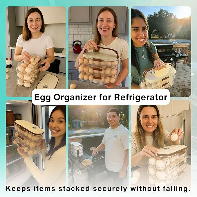 3-Tier Egg Dispenser for Refrigerator, Rolling Egg Organizer with Time Tracker, Stackable BPA-Free Egg Container Holds 42 Eggs, Fresh Egg Holder for Countertop Storage