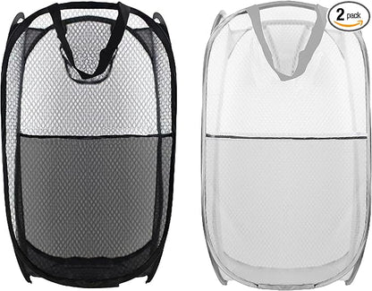 Collapsible Pop Up Laundry Hamper, Extra Large Mesh Foldable Laundry Basket, 28" x 16" x 16", 2 Pack (Black + Grey)
