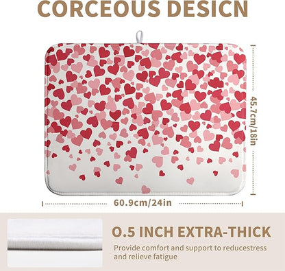 Wnoesat Valentines Dish Drying Mat Pink Red Love Hearts Valentine Drying Mats for Kitchen Counter Absorbent Microfiber Reversible Dish Draining Mat Extra Large Dishes Pad 18 X 24 Inch