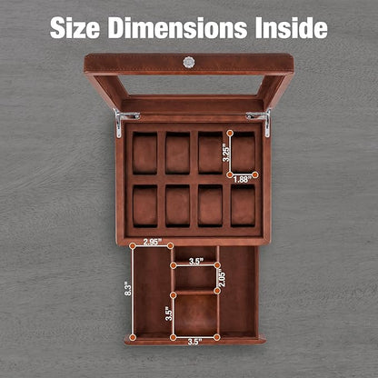 Awesometik Leather Watch Box Organizer. Real Glass Top. Luxury Watch Display & Watch Holder for Men. Watch Collection, Protection. For Men Ready to Gift (Brown/Brown, 8 Slot Watch Box with Drawer)