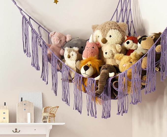 Stuffed Animal Hammock Corner with LED Light - Toy Storage Hammock Plushie Net Organizer - Teddy Bear Stuffy Hammock - Purple Nursery Decor Baby Kids Bedroom Nursery Furniture