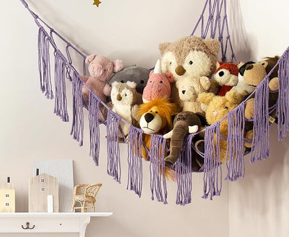 Stuffed Animal Hammock Corner with LED Light - Toy Storage Hammock Plushie Net Organizer - Teddy Bear Stuffy Hammock - Purple Nursery Decor Baby Kids Bedroom Nursery Furniture