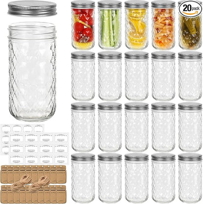 Eathtek 12 oz Mason Jars 20 Pack, 360ml Mini Canning Jars with Regular Lids for Jelly Herbs Spice Honey Storage, Small Glass Jars Candle jars, Extra Lids Tags Label Included