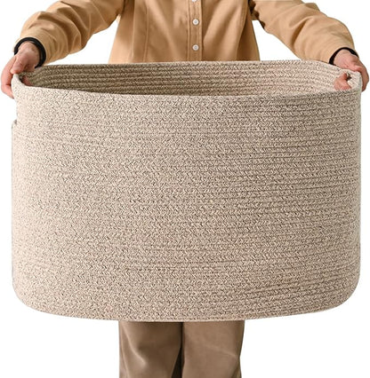 Large Storage Basket for Organizing, Blanket Basket for Living Room, Large Toy Baskets for Storage, Woven Cotton Rope Baskets for Blankets, Clothes, Shoes, Brown, 25”x16”x16” (105L)