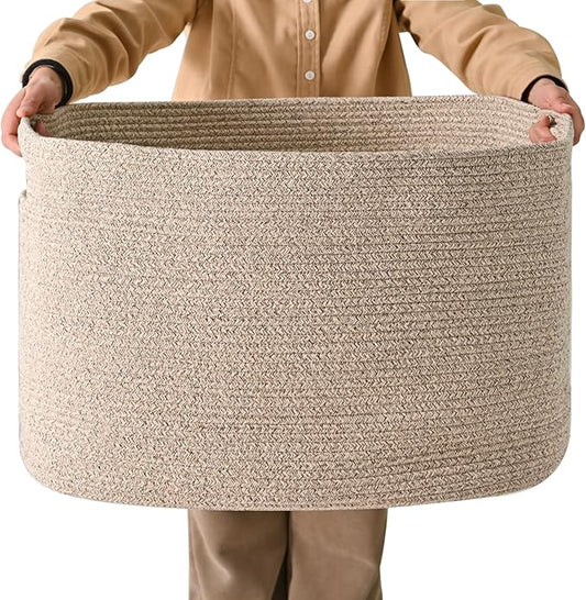 Large Storage Basket for Organizing, Blanket Basket for Living Room, Large Toy Baskets for Storage, Woven Cotton Rope Baskets for Blankets, Clothes, Shoes, Brown, 25”x16”x16” (105L)