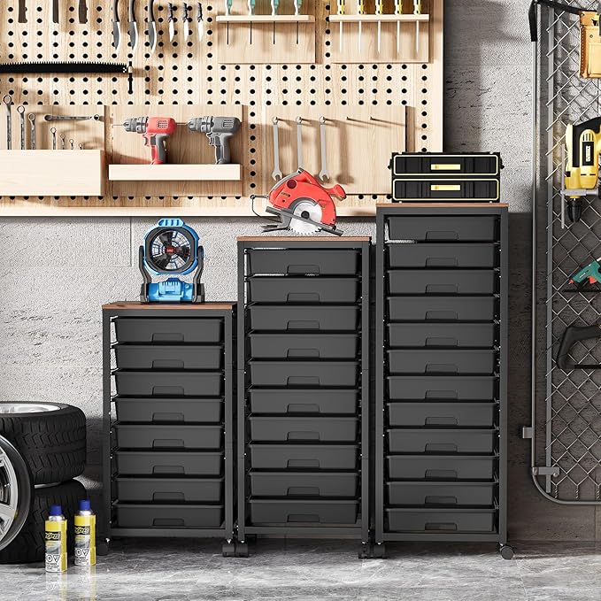 Rolling Storage Cart with Drawers,Utility Cart With 8 Drawers and Wooden Tabletop,Rolling Drawer Cart,Storage Drawer Cart for Living Room,Classroom,Bedroom,Bathroom,Dorm,Office, Black