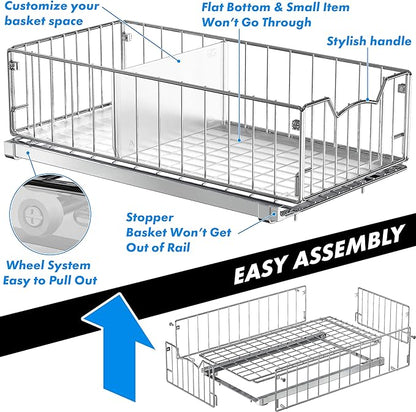 Simple Houseware Pull-Out Cabinet Sliding Basket Organizer, 17.2" D x 9.7" W x 5" H – Chrome Finished, Ideal for Kitchen and Bathroom Cabinet Storage, Under Sink or Pantry Organization