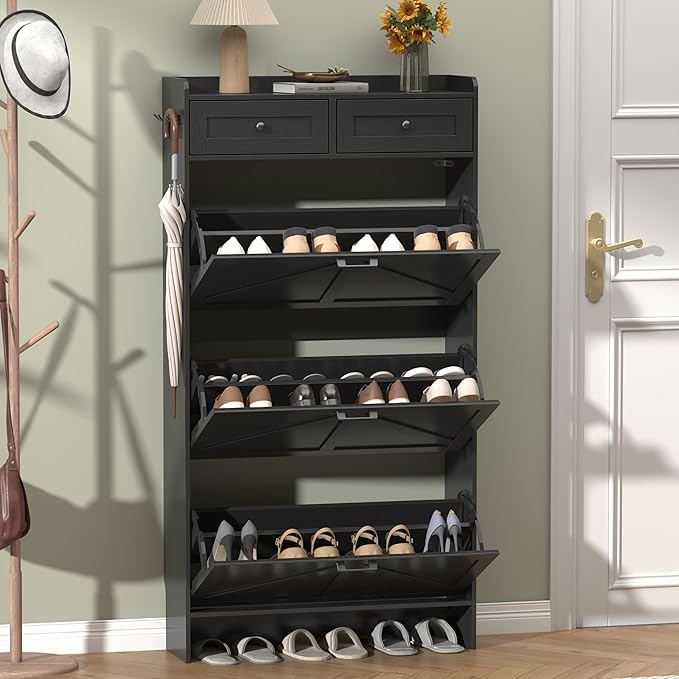 Shoe Cabinet with 3 Flip Drawers & 2 Storage Drawers, Rustic Farmhouse Narrow Shoe Organizer Cabinet, Slim Shoe Rack Cabinet, Shoe Storage Cabinet for Entryway, Hallway, Front Door