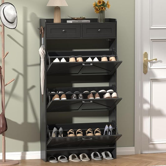 Shoe Cabinet with 3 Flip Drawers & 2 Storage Drawers, Rustic Farmhouse Narrow Shoe Organizer Cabinet, Slim Shoe Rack Cabinet, Shoe Storage Cabinet for Entryway, Hallway, Front Door