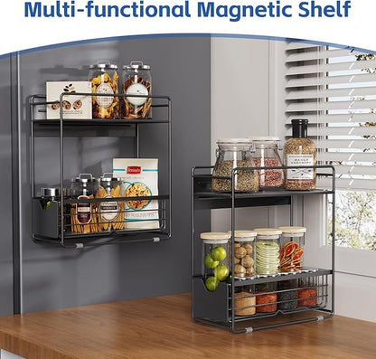 2 Tier Magnetic Shelves for Washing Machine with Pull Out Metal Drawer,Magnetic Spice Rack for Fridge,Magnetic Rack with no Installation, Versatile Storage Organizers for Home (Black, 2 Tier)