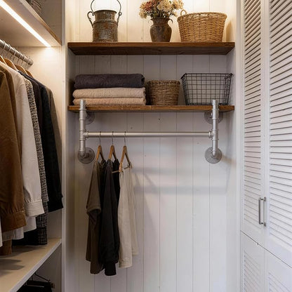 WEBI Wall Mounted Clothes Rack with Shelf,27" Industrial Pipe Clothing Rack with Shelf with Hanging Rod,Heavy Duty Iron Garment Rack Bar,Retail Display Clothes Rod for Laundry Room,Closet,Silver